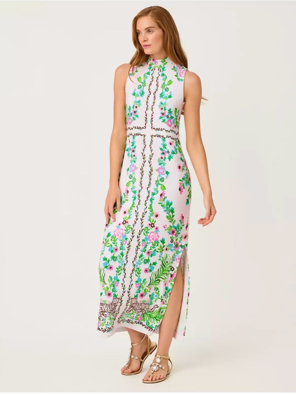 Lilly Pulitzer Sleeveless Floral Maxi Dress in White, Green & Pink